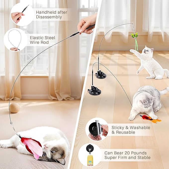 HONGDDY Cat Toys, 14Pcs 4 in 1 Indoor Adult Cat Interactive Toys, Hanging Door Kitten Wand with Suction Cup Removable Feathers Balls Mice Butterfly Streamers-Mewly Pet