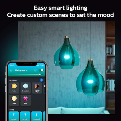 Philips Hue Smart Light Starter Kit - Includes (1) Bridge, (1) Smart Button and (3) Smart 75W A19 LED Bulbs - White and Color Ambiance - 1100LM - E26 - Control with Hue App or Voice Assistant
