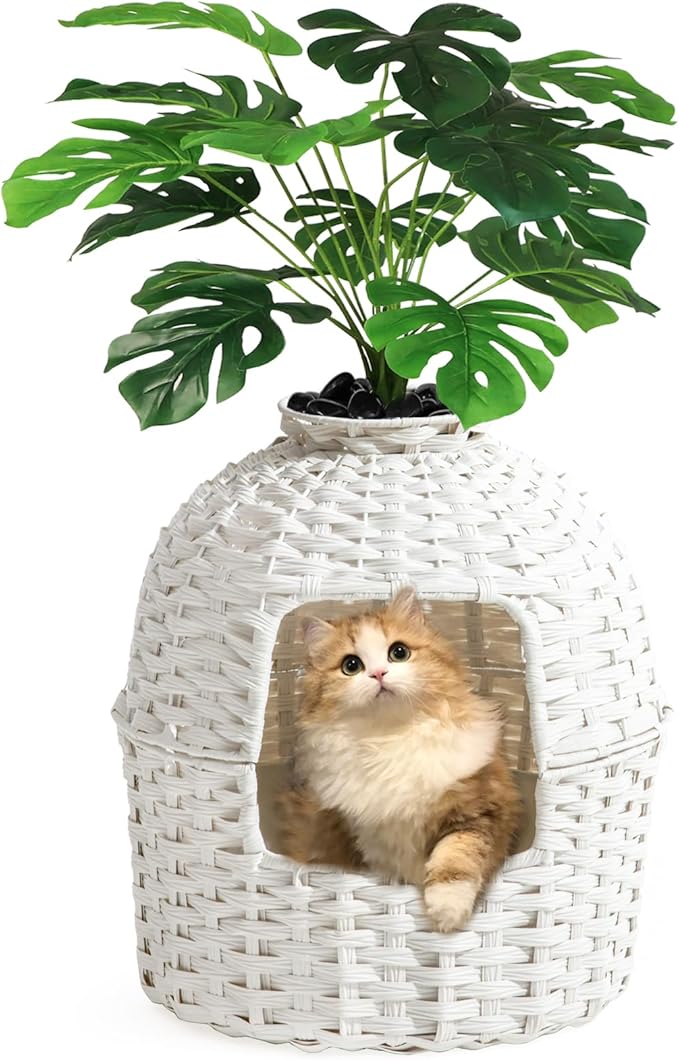 Cat Litter Box Plant Enclosure, Hidden Handwoven Rattan with Cat Litter Box Furniture and Artificial Plants, Odor Control Filter, Real Stones in Living Room, Bedroom, Corner (White)-Mewly Pet