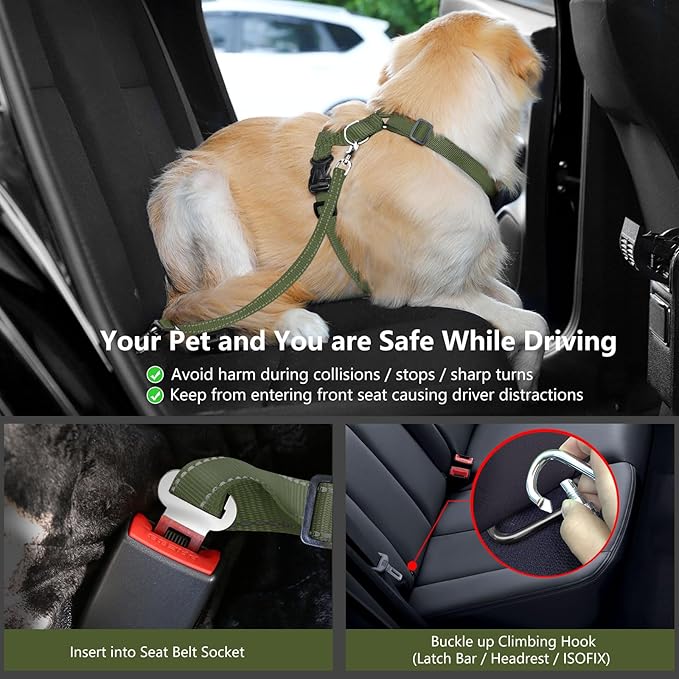 Dog Seat Belt Harness for Car, Dog Car Harness Adjustable Mesh Breathable & Dogs Seatbelt Safety Tether with Elastic Bungee for Small Medium Large Pets(Army Green, M)-Mewly Pet
