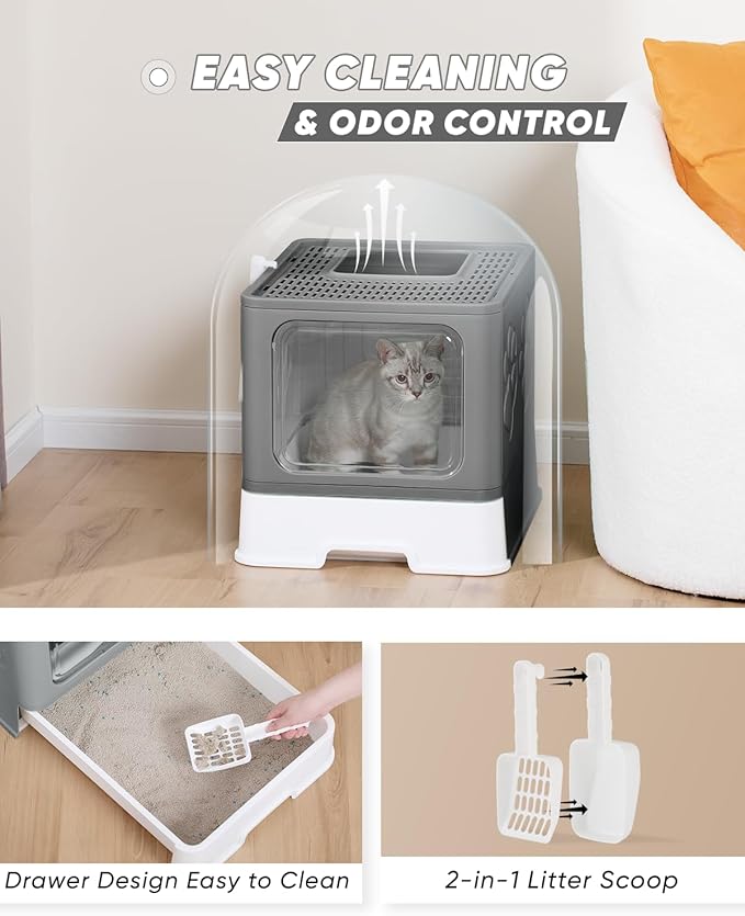 Enclosed Cat Litter Box, Large Litter Box for Big Cats, Covered Kitty Litter Boxes with Lid, Top Entry Cat Box Enclosure with Scoop, Odor Control, Easy to Clean(Grey)-Mewly Pet