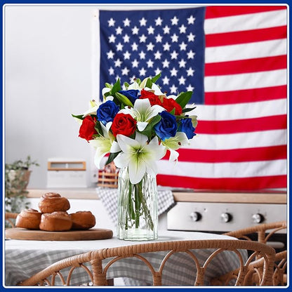 Hotop 20 Pcs Artificial Flowers Velvet Realistic Roses and Latex Lilies Flowers Bouquet Decorations Arrangements for Home Table Centerpieces Independence Day(Red,Blue,White)