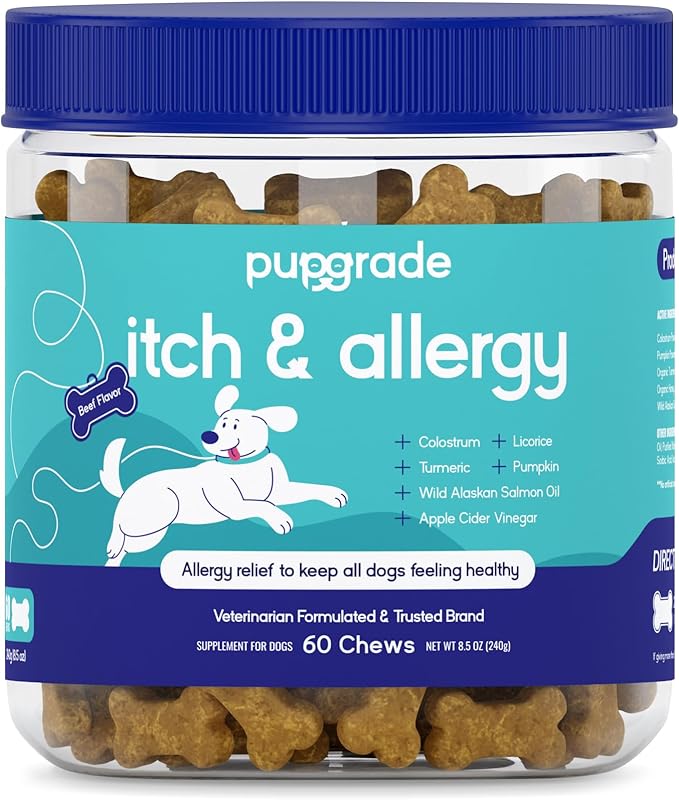 PupGrade Itch & Allergy Chew Supplement for Dogs Improved Immune Support & Seasonal Allergies with Alaskan Salmon Fish Oil - Helps with Anti-Itch - 60 Soft Chews-Mewly Pet