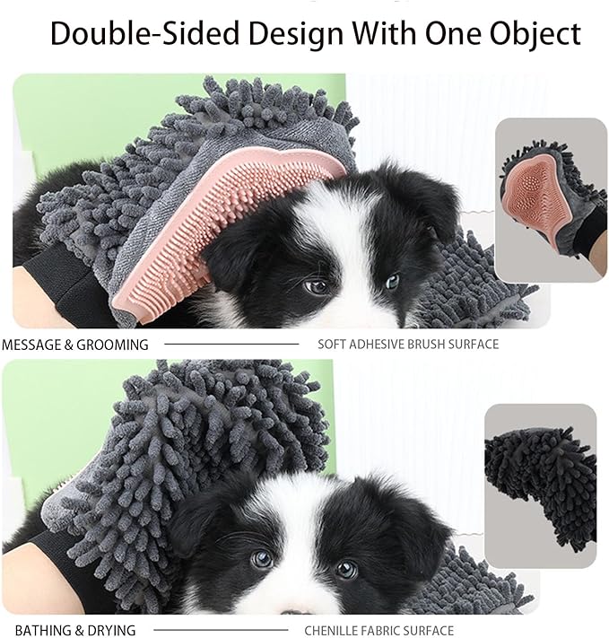 Dual Sided Pet Grooming Glove with Rubber Paw - 2-in-1 Grooming Glove | Fun Dogs & Cats Grooming Tool for Brushing, Massaging, and Scrubbing | Chenille Fabric Side Acts as Pet Bathing(Blue)-Mewly Pet