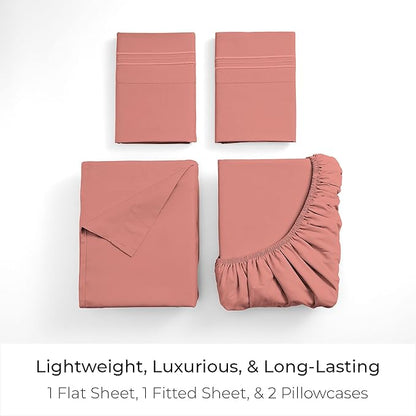 Mellanni King Sheets Set - 4 PC Iconic Collection Bedding - Hotel Luxury, Extra Soft, Cooling Bed Sheets - Wrinkle, Fade, Stain Resistant (King, Coral)