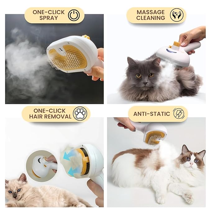 Self Cleaning Steam Brush for Cat Dog, 4 in 1 Pet Brushes for Shedding & Grooming, Bath Massage & Water/Mist Slicker Brush for Long Haired Cats & Dogs- Pet Grooming Brushes with Spray for Cats-Mewly Pet
