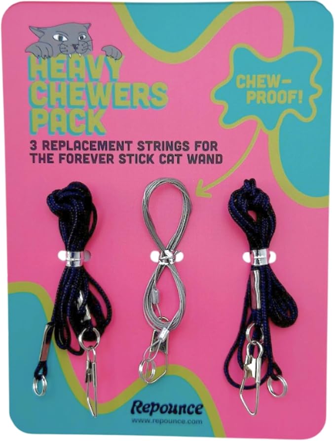 Replacement Strings for Cat Wand Toy - 3-Pieces - Chew-Proof Metal Wire and 2 Durable Paracord Strings - Heavy Chewers Pack Cat Wand Toy Refill Strings with Universal Clasps for All Lures-Mewly Pet