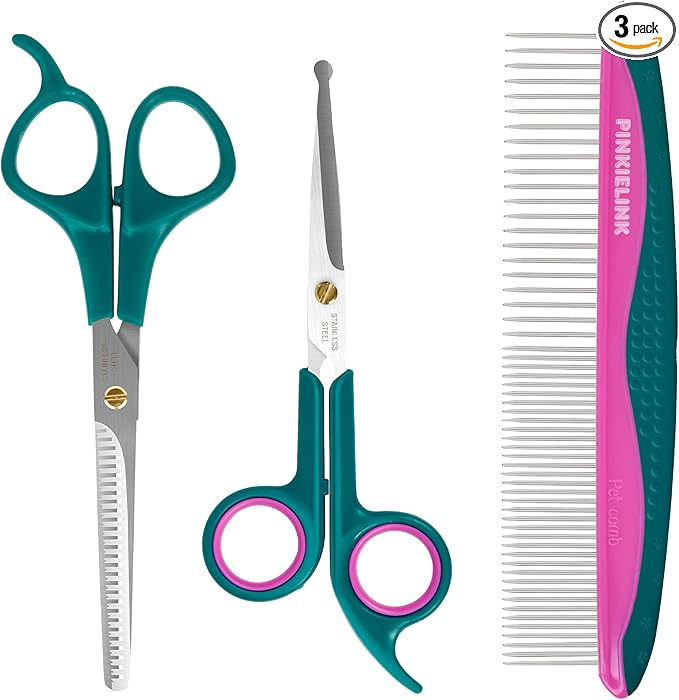 Professional Pet Grooming Kit, Stainless Steel Dog & Cat Grooming Shears with Rounded Tip Blades for Safe Fur Trimming, Thinning Shears, Straight Scissors, and Pet Comb (Set of 3)-Mewly Pet