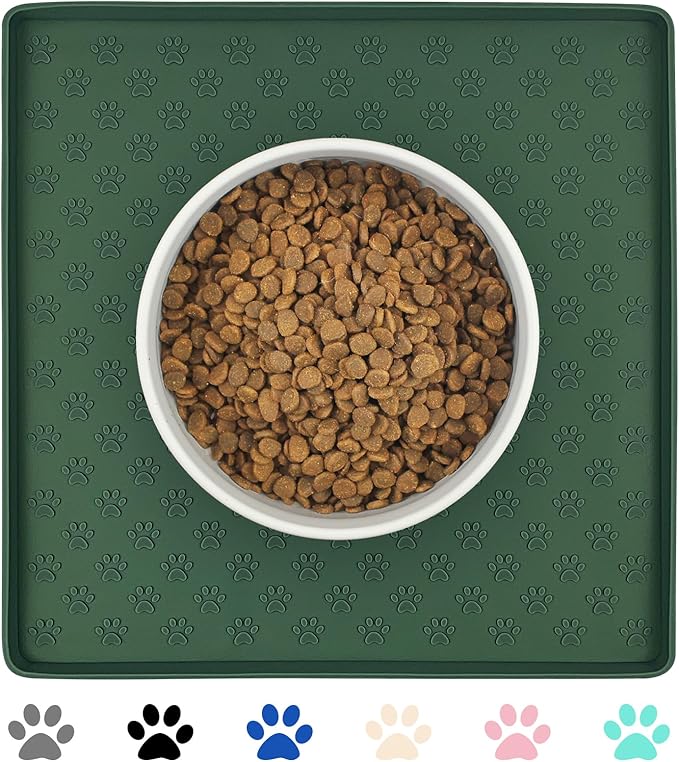 Ptlom Pet Placemat for Dog and Cat, Waterproof Silicone Pet Feeding Bowl Mats for Food and Water, Small Medium Large Dogs Mat Prevent Residues from Spilling to Floor, Hunter, 11.8"x11.8"-Mewly Pet