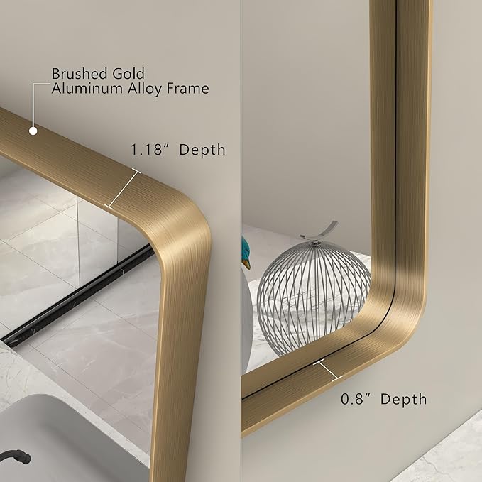 55x30 Gold Bathroom Mirror, Brushed Metal Frame Gold Vanity Mirror, Large Rectangle Mirror for Wall, Rounded Corner, Shatterproof, Anti-Rust (Horizontal/Vertical)
