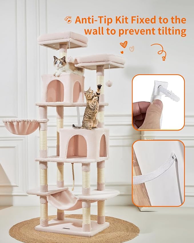 TaoqimiaoCat Tree Cat Tower for Indoor Cats, Plush Multi-Level Cat Condo with 12 Scratching Posts, 2 Perches, 2 Caves, Hammock, 2 Pompoms Jelly Pink-Mewly Pet