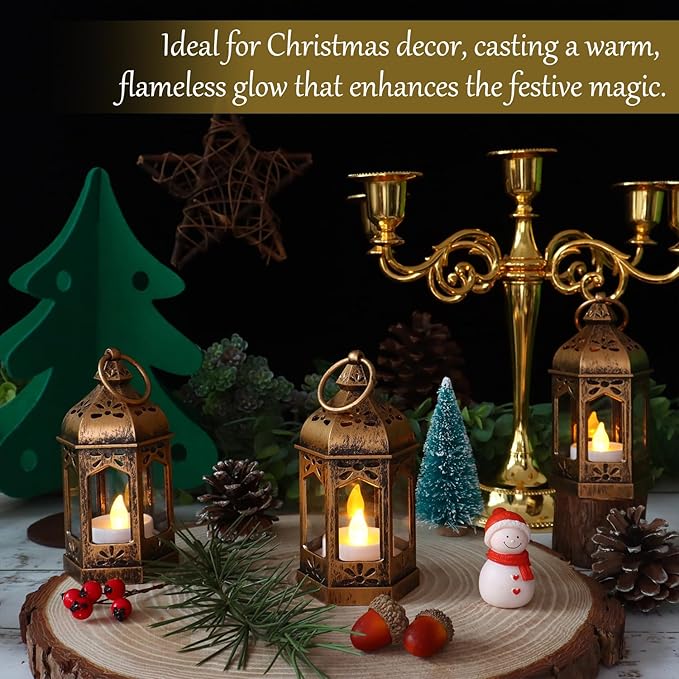 LLQ 8Pcs Mini Lantern with LED Tealight, Vintage Brown Lanterns Decorative, Hanging Candle Lanterns for Ramadan Christmas Wedding Table Centerpiece Indian Diwali Decor, Garden Fairy Party Decorations