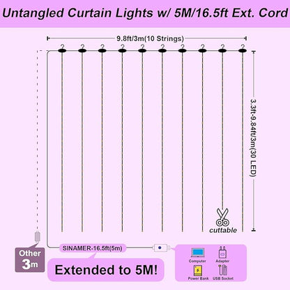 Purple Curtain Light with Untangled Wires for Bedroom, 300LED 9.8ft x 9.8ft Window Fairy Curtain String Light with 16 Hooks, 8 Modes Remote Control for Wedding Party Home Indoor Decorations