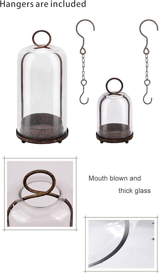 5" & 4" Wide Versatile Metal Candle Holder in Rustic Brown with Handmade Thick & Sturdy Glass Dome Cover for Pillar Candle & Plants, Farmhouse, Shabby Chic Style (2, Brown, Large & Small)