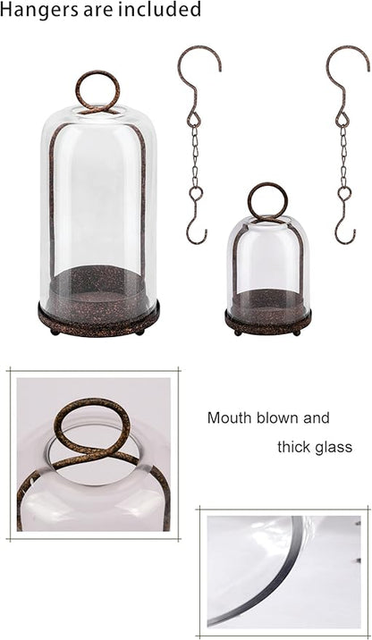 5" & 4" Wide Versatile Metal Candle Holder in Rustic Brown with Handmade Thick & Sturdy Glass Dome Cover for Pillar Candle & Plants, Farmhouse, Shabby Chic Style (2, Brown, Large & Small)