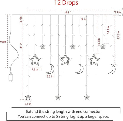 Christmas LED Curtain String Lights - 18FT 12 Drops 138 LED Star Moon Hanging Lights with Remote, 8 Modes, 6H Timer, Waterproof Connectable Window Lights for Indoor Outdoor Holiday Decorations