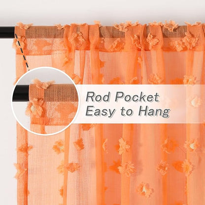MYSKY HOME Pom Pom Orange Sheer Curtains for Living Room Bedroom Light Filtering Semi-Sheer Curtains for Nursery Girls Kids Room Boho Rod Pocket Voile Draperies Orange 52 x 108 inch 2 Panels