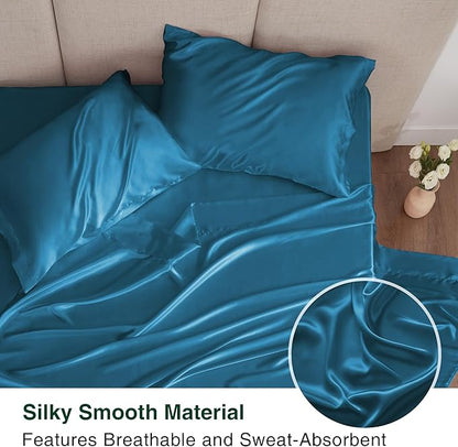 Love's cabin Satin King Sheet Sets - 4 Piece Teal Silky Sheets King Size Bed Set with Deep Pocket, Luxury Silk Feel King Size Satin Sheet Set (1 Flat Sheet,1 Fitted Sheet,2 Pillow Cases)