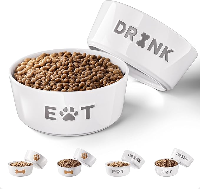 Ceramic Dog Bowl Set of 2 with Anti-Skid Base - 6.5" Wide x 2.5" Tall Ceramic Dog Bowls Medium Sized Dogs - 3.8 Cup Capacity Food and Water Bowls for Dogs - Rubber Bottom Pet Bowl Set of 2 Medium Size-Mewly Pet