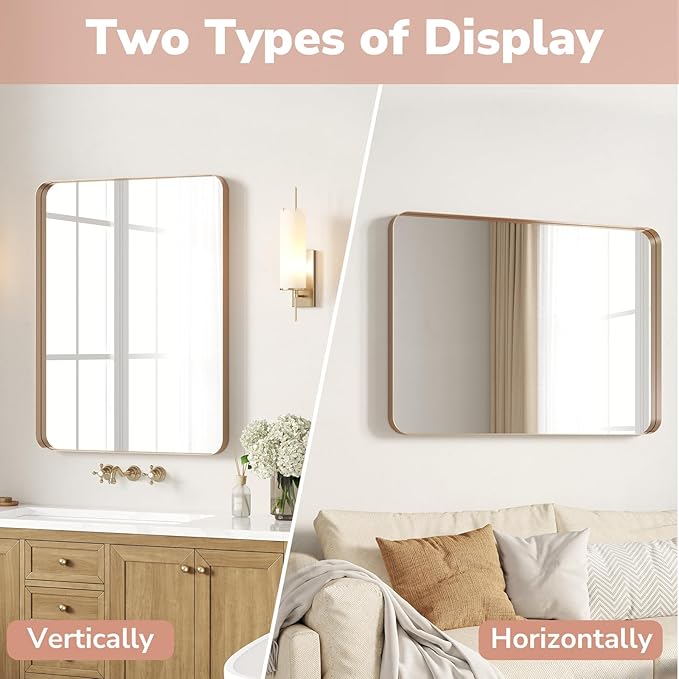 USHOWER Gold Bathroom Mirrors 24"x36" 2 Pack, Brushed Gold Rectangle Mirrors for Over Sink, Rounded Corner, Aluminum Frame, Anti-Rust, Tempered Glass, Horizontal or Vertical Mounted