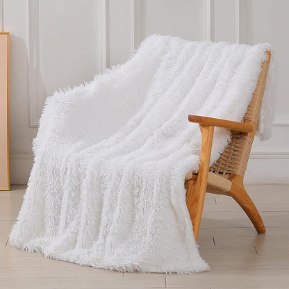 Tuddrom Decorative Extra Soft Faux Fur Blanket Twin Size 70" x 78",Solid Reversible Fuzzy Long Hair Shaggy Blanket,Fluffy Plush Fleece Comfy Microfiber Throw Blanket for Couch Sofa Bed,Pure White