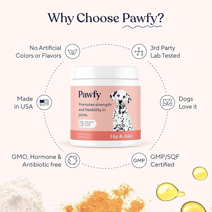 Pawfy Hip & Joint Supplement for Dogs with MSM & Vitamins | Glucosamine Chondroitin for Small, Medium & Large Breed - Supports Mobility & Bones | Glucosamine for Dogs with Omega 3-30 Chews-Mewly Pet