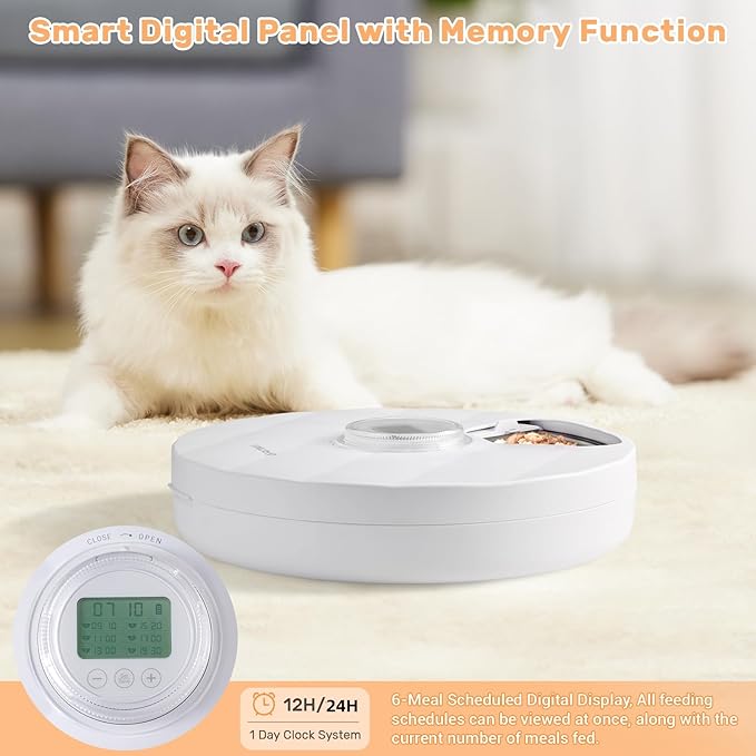 Automatic Cat Feeder Wet Food, Battery Operated Auto Feeder with 2 Ice Packs, Digital Cordless Pet Fresh Food Bowl with Timer and Memory Function for Cats Small Dogs (6-Meal Stainless Steel)-Mewly Pet