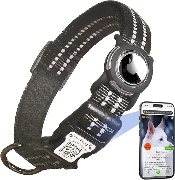 Reflective Dog Collar with Apple AirTag Holder & QR Code Pet ID Tag,Soft Nylon Adjustable Dog Tracker Collar with Safety Lock for Large Dogs(Black, L)-Mewly Pet