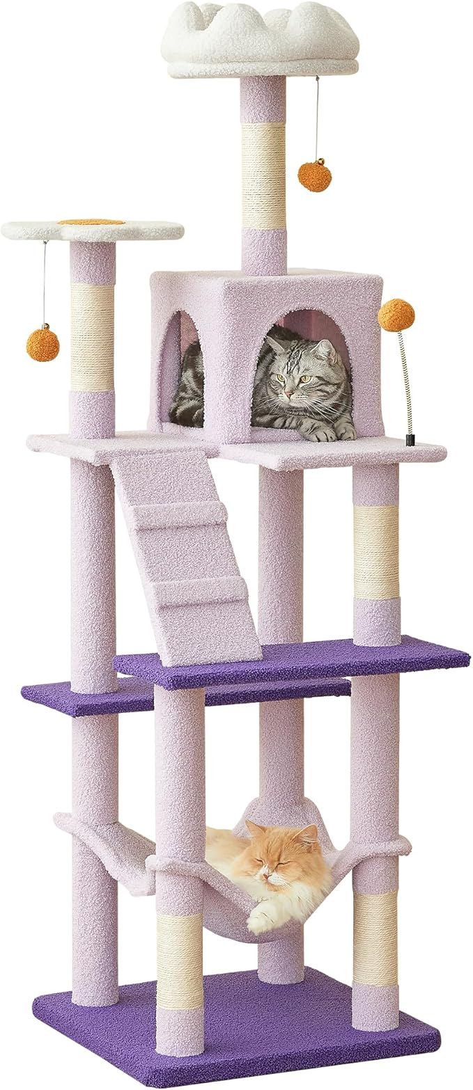 MWPO Flower Cat Tree for Indoor Cats, 63.8 Inches Multi-Level Cat Tower with Sisal-Covered Scratching Posts, Padded Platform, Hammock, Dangling Toys, Stable Cat Condo Pet Play House-Mewly Pet