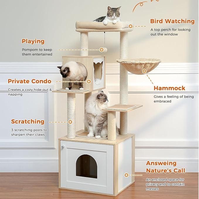 Tall Cat Tree with Litter Box Enclosure 56.7" Wooden Cat Tower for Large Cats with Cat Hammock House Bed (Wood Beige)-Mewly Pet
