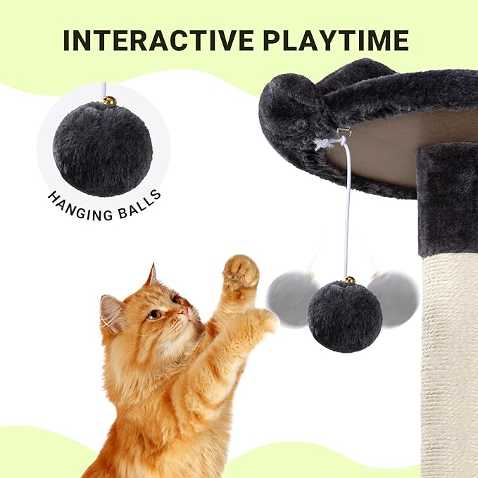 Allewie 64 Inches Cat Tree Tower/Multi-Level Activity Center for Indoor Big Felines/2 Plush Condos/2 Perchs/Basket/House/Sisal Scratching Posts/Hanging Cat Toys/Dark Grey-Mewly Pet