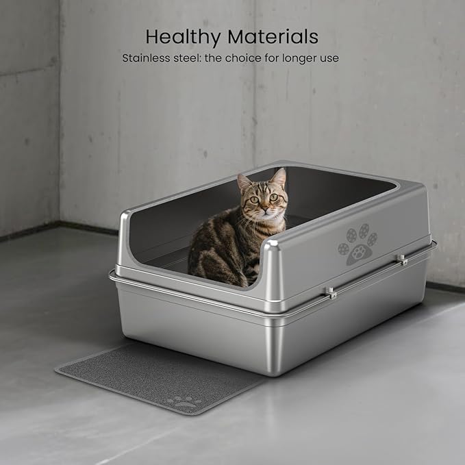 Enclosed Stainless Steel Cat Litter Box with Lid, Oversize Metal Litter Box for Multi Cats, Extra XXL Cat Toilet with High Side, Non-Stick, Anti-Leakage, Odorless, with Cat Litter Mat & Litter Scoop-Mewly Pet