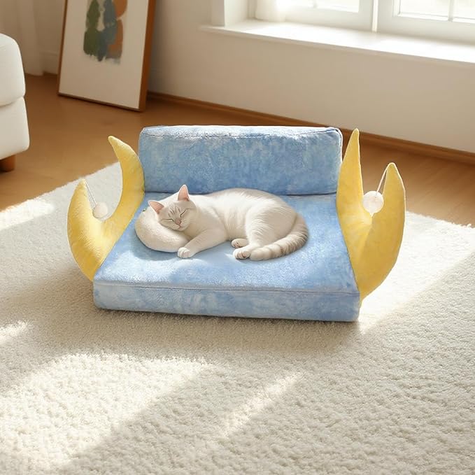 Cat Couch with Soft Pillow, Supportive Dog Couch, Cat Sofa with Removable Cover，Cute Moon Shaped, 24 Inch-Mewly Pet