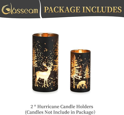 Glasseam Christmas Hurricane Candle Holder: 2 Pcs Black Candle Holders for Pillar Candles Cylinder Mercury Glass Candle Holder Reindeer Candle Holders for Table Centerpiece Thanksgiving Decorations