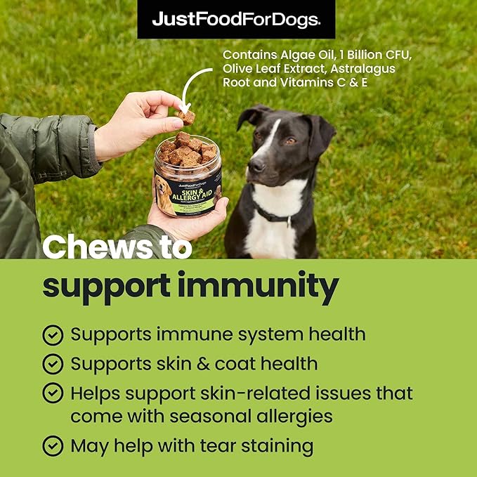 JustFoodForDogs Skin & Allergy Care Soft Chews Supplement for Dogs, Seasonal Allergies, Itchy Skin Relief, Inflammation, Immune Support - 45 Count-Mewly Pet