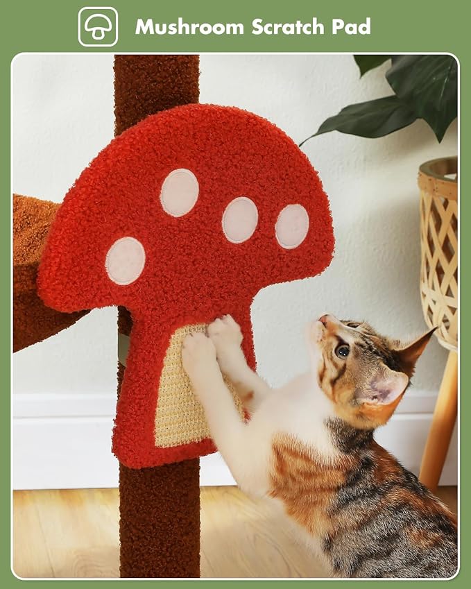 Mushroom Cat Tree Tower with Removable Scratcher, Large Hammock, Condo, Perch, 3 Sisal Posts – Multi-Level Cat Tree for Indoor Cats, Cute Cat Tower for Small Space Homes-Mewly Pet