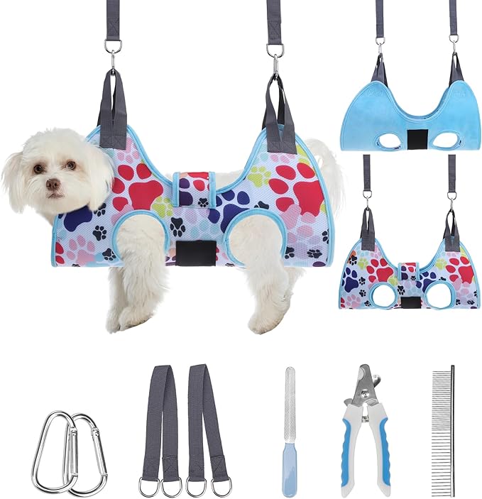 PAWCHIE Dog Grooming Hammock Harness for Dogs & Cats with Pet Nail Clipper Trimmer - Cat Hanger Sling for Trimming Clipping Nails- Dog Hammock Restraint Bag for Small Medium Large Dog, Blue XS-Mewly Pet