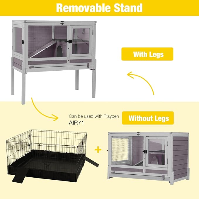 Aivituvin Rabbit Hutch with Stand Wooden Bunny Cage Indoor 2 Story Guinea Pig House with Anti Chew Ramp, No Leak Tray, Hideout, Wire Mesh (Gray)-Mewly Pet