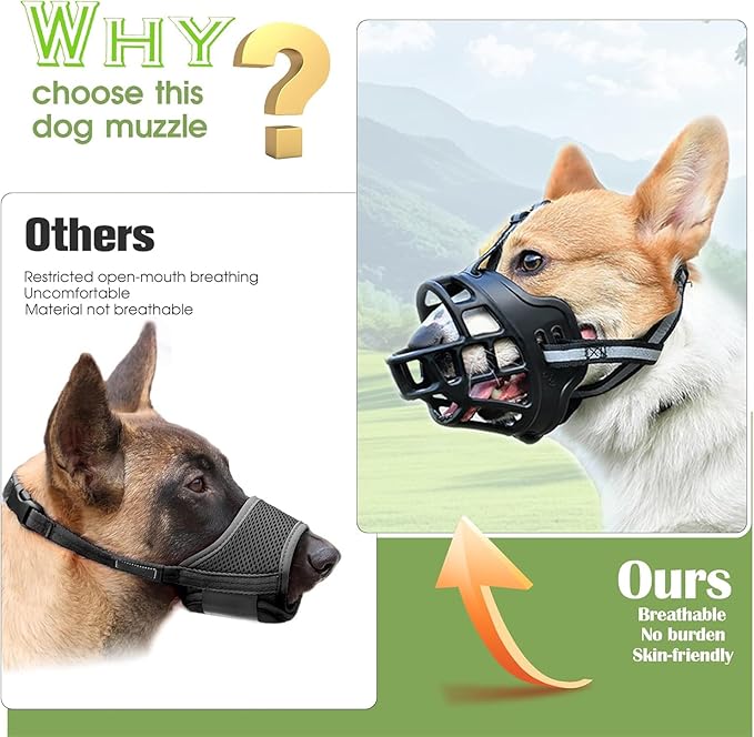 Dog Muzzle, Breathable Basket Muzzles for Small Medium Large Sized Dogs, Adjustable Humane Cage Mouth Cover for Scavenging Grooming Biting Chewing, Allows Panting and Drinking(Soft Rubber, L)-Mewly Pet