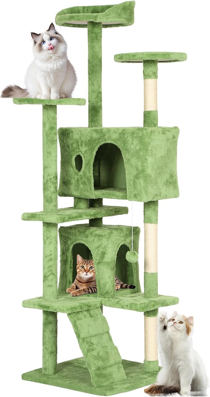 FDW Cat Tree 70in Cat Tower Multi-Level Durable Cat Scratching Post & Cozy Fun Cat Jumping Platform Space Saving Cat Condo Pet Play House for Indoor Cats,Green-Mewly Pet