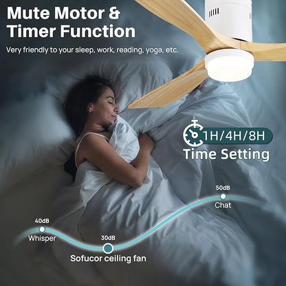 Sofucor Ceiling Fan with Lights-52 Inch Flush Mount Ceiling Fan with Light and Remote Control, Low Profile Wood Blades Modern Outdoor Ceiling Fans for Bedroom/Farmhouse/Patio/Indoor, Quiet DC Motor