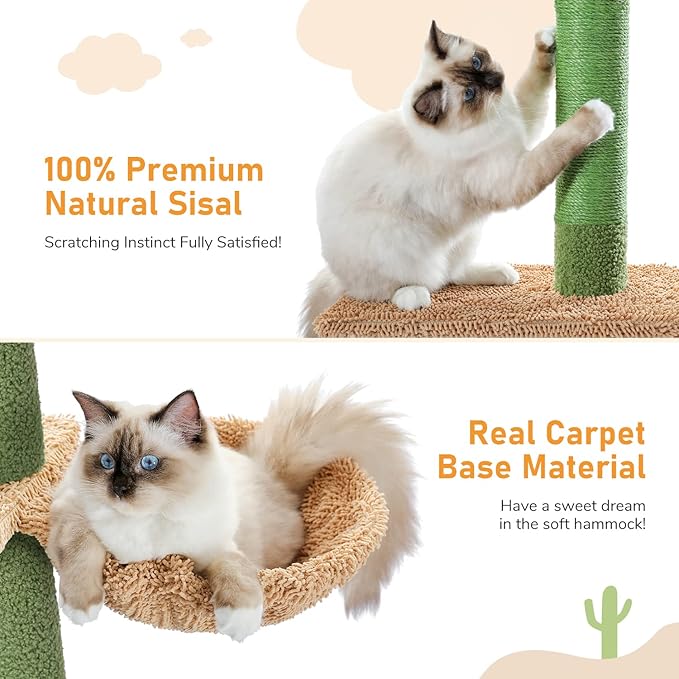 PAWZ Road Cat Tree, Cactus Floor to Ceiling Cat Tower with Adjustable Height(95-108 Inches), 5 Level Cat Climbing Tower with Cozy Hammock, Platforms and Dangling Balls for Indoor Cats-Mewly Pet
