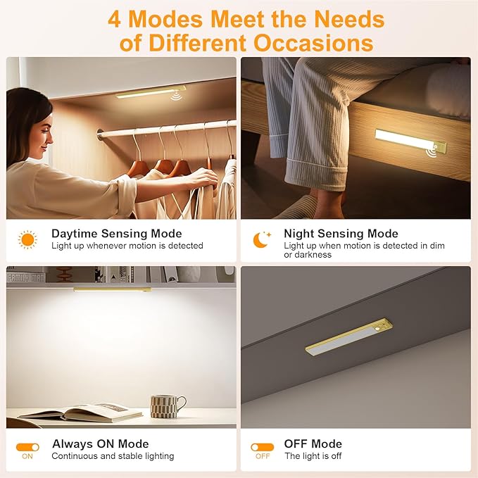 Gritin 10.2inch Under Cabinet Lighting Rechargeable -84 LED Super Bright,3-Color& 5 Level Brightness,4 Modes,Motion Sensor, Long Lasting- Easy Installation Magnetic Closet Lights -2 Pack-Gold
