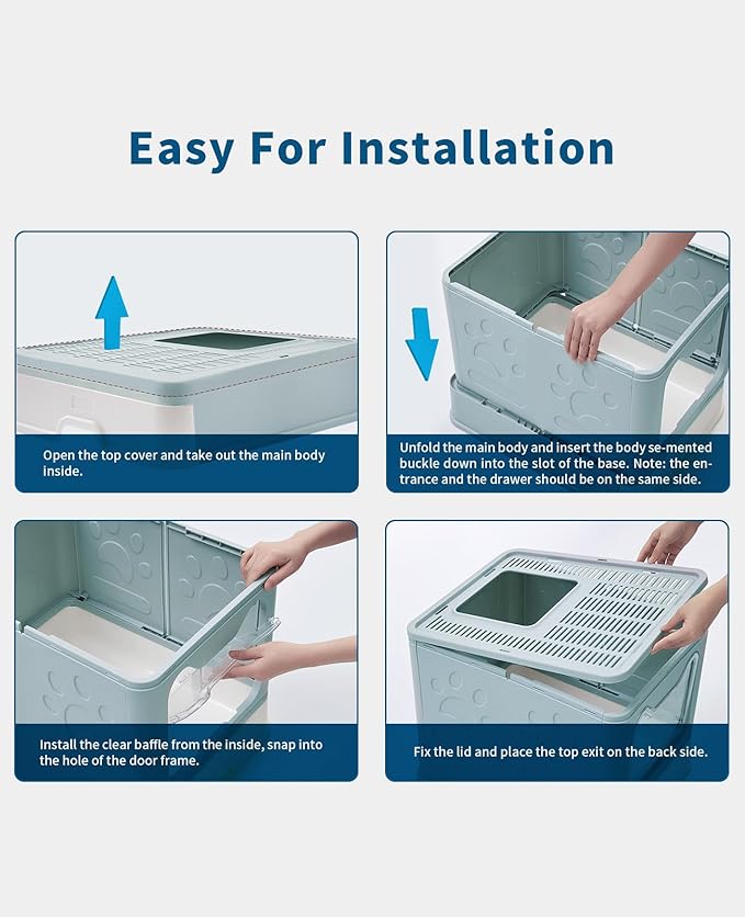 Cat Litter Box with Litter Mat and Scoop, Large Foldable Litter Box with Lid, Front Entry Top Exit Kitty Box, Odor Control, Easy to Clean (Blue)-Mewly Pet