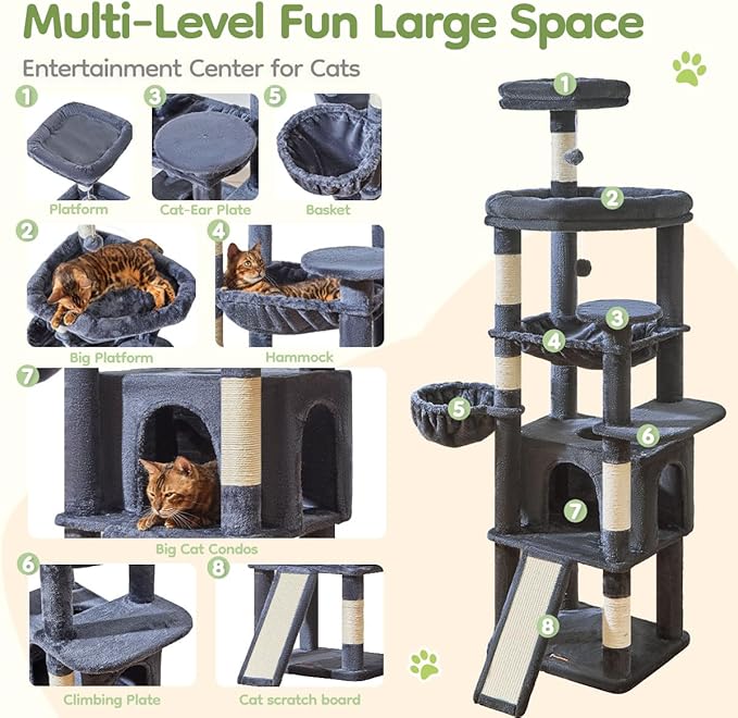 Taoqimiao 72 Inches Cat Tree for Large Cats, Multi-Level Tall Cat Tower, Widened Cat Condo with Large Scratch Board, 5 Scratching Posts, Metal Hammcock, Cozy Basket, Smoky Gray, MS045G-Mewly Pet