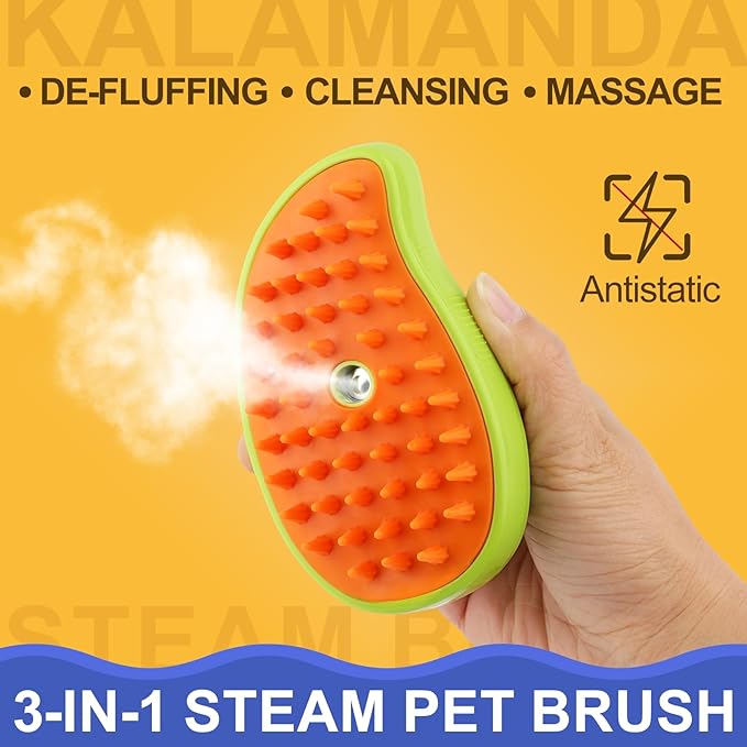Cat Steam Brush, 3 in 1 Pet Steamy Brush, Silicone Grooming Comb with Steam, Pet Hair Remover Misting Comb for Indoor Cats Dogs(Mango Yellow/Green)-Mewly Pet