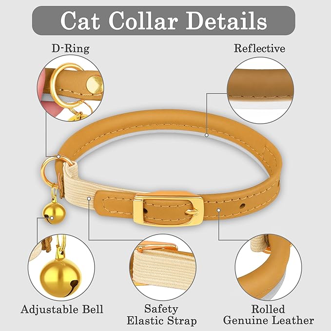 OOPSDOGGY Rolled Leather Cat Collar with Bell - Reflective Kitten Collar with Safety Elastic Strap - Adjustable Small Pet Collars for Boy Girl Cats (Camel)-Mewly Pet