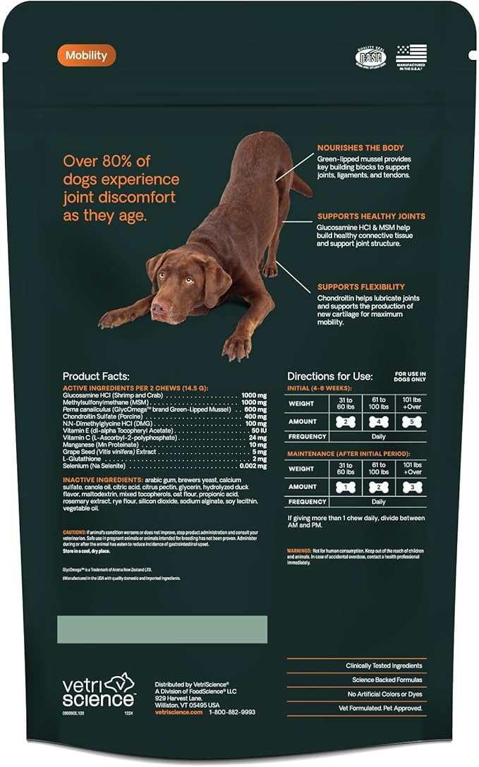 VetriScience Ultimate Strength Healthy Hip & Joint Chews, GlycoFlex Glucosamine, Chondroitin and Green-Lipped Mussel Joint Support Supplement for Dogs, Soothe Joint Discomfort, Duck, 120 Count-Mewly Pet