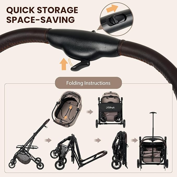 Pet Stroller, Small to Medium Dogs & Cats, Foldable, One-Hand Fold, Detachable Carrier, Latte Color-Mewly Pet