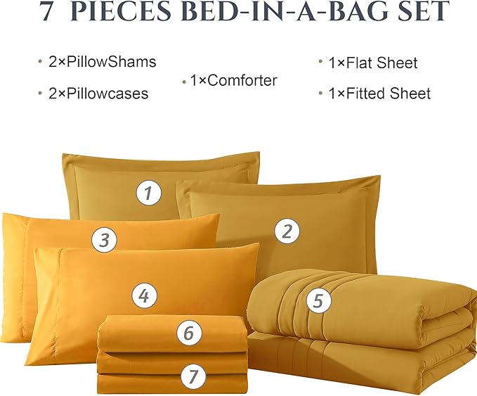 Monbix King Size Comforter Set - 7 Pieces Bed in a Bag King, Bright Yellow Bedding Sets with Comforter, All Seasons Down Alternative Comforter Bed Set with Sheets, Pillowcases & Shams